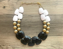 Load image into Gallery viewer, Black White and GOLD Statement Necklace, chunky beaded jewelry, neutral necklace, black and white necklace, beaded jewelry, black necklace