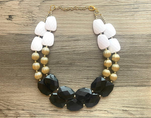 Black White and GOLD Statement Necklace, chunky beaded jewelry, neutral necklace, black and white necklace, beaded jewelry, black necklace