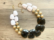 Load image into Gallery viewer, Black White and GOLD Statement Necklace, chunky beaded jewelry, neutral necklace, black and white necklace, beaded jewelry, black necklace