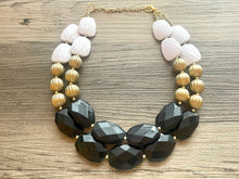 Load image into Gallery viewer, Black White and GOLD Statement Necklace, chunky beaded jewelry, neutral necklace, black and white necklace, beaded jewelry, black necklace