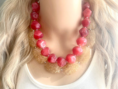 Tan & Cherry Necklace, Double strand deep red jewelry, big beaded chunky statement necklace earring set, champagne necklace
