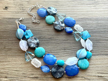 Load image into Gallery viewer, Tranquil Passage Statement Necklace, chunky bib beaded jewelry, gray royal blue necklace, teal aqua dark blue beaded acrylic jewelry