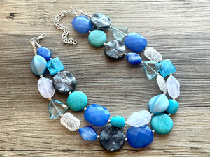 Tranquil Passage Statement Necklace, chunky bib beaded jewelry, gray royal blue necklace, teal aqua dark blue beaded acrylic jewelry