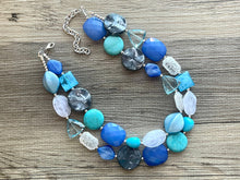 Load image into Gallery viewer, Tranquil Passage Statement Necklace, chunky bib beaded jewelry, gray royal blue necklace, teal aqua dark blue beaded acrylic jewelry