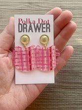 Load image into Gallery viewer, Glam Gold + Pink Ratton Earrings, Gold drop Earrings, shiny jewelry earrings metal geometric, straw plaid blush red pink gold