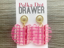 Load image into Gallery viewer, Glam Gold + Pink Ratton Earrings, Gold drop Earrings, shiny jewelry earrings metal geometric, straw plaid blush red pink gold