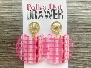 Glam Gold + Pink Ratton Earrings, Gold drop Earrings, shiny jewelry earrings metal geometric, straw plaid blush red pink gold