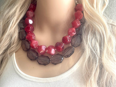 Cherry Red & Gray Resin Statement Necklace and earrings Set, Beaded red Jewelry, bright bib beaded necklace, red earrings, red jewelry
