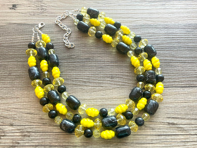 Three Strand yellow & black jewelry set, yellow necklace, yellow earrings, yellow and black beaded chunky statements bib necklace