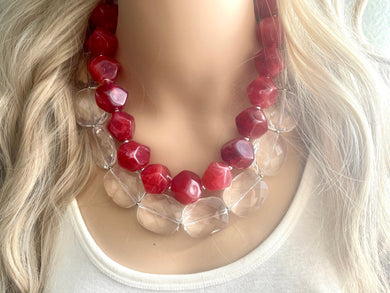 Cherry Red & Clear Resin Statement Necklace and earrings Set, Beaded red Jewelry, bright bib beaded necklace, red earrings, red jewelry