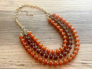 Fall Statement Necklace, brown triple strand chunky jewelry, geometric acrylic beaded gold necklace, honey butter cream tortoise shell