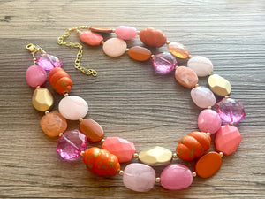 Golden Sunset Statement Necklace, chunky bib beaded jewelry, Summer jewelry, pink orange necklace, beaded acrylic jewelry hot pink