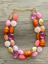 Load image into Gallery viewer, Golden Sunset Statement Necklace, chunky bib beaded jewelry, Summer jewelry, pink orange necklace, beaded acrylic jewelry hot pink