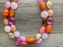 Load image into Gallery viewer, Golden Sunset Statement Necklace, chunky bib beaded jewelry, Summer jewelry, pink orange necklace, beaded acrylic jewelry hot pink