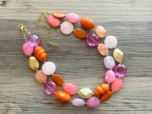 Load image into Gallery viewer, Golden Sunset Statement Necklace, chunky bib beaded jewelry, Summer jewelry, pink orange necklace, beaded acrylic jewelry hot pink