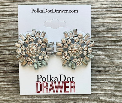 Silver Dipped Rhinestone statement earrings, round circle channel, pierced silver stud jewelry, bronze earrings jewelry, Crystal diamond