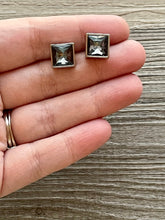 Load image into Gallery viewer, Dark Gray &amp; Silver Square Stud earrings, 2nd hole earrings, pierced ear back jewelry, flower earrings jewelry, chunky thin Crystal diamond