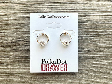 Rhinestone Inlay & Gold Stud earrings, 2nd hole earrings, pierced ear jewelry, round circle earrings jewelry, thin Crystal diamond glass