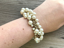 Load image into Gallery viewer, Cream Beaded Statement bracelet, Pearl gold bracelet, cluster bubble beaded jewelry, vintage gold rhinestone color beaded