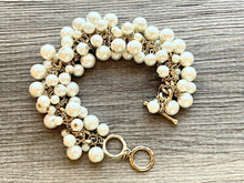 Load image into Gallery viewer, Cream Beaded Statement bracelet, Pearl gold bracelet, cluster bubble beaded jewelry, vintage gold rhinestone color beaded