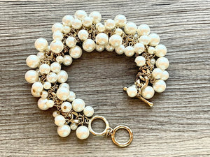 Cream Beaded Statement bracelet, Pearl gold bracelet, cluster bubble beaded jewelry, vintage gold rhinestone color beaded