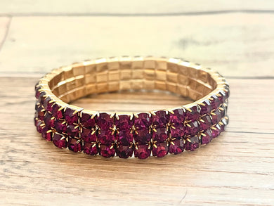 Eggplant Amethyst Beaded Statement bracelet, Purple stretch bracelet, gold beaded jewelry, Stretchy bracelet