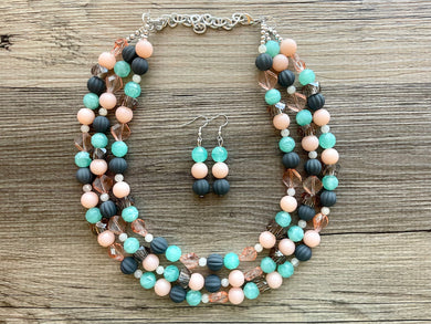 Gray Mint Cream Chunky 3 Strand Statement Necklace, fall necklace, gray jewelry, mint green necklace, gray & cream statement