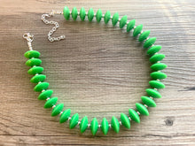 Load image into Gallery viewer, Mod Green Statement Necklace, Single Strand necklace Chunky Jewelry, kelly green jewelry, beaded necklace, green necklace silver beaded