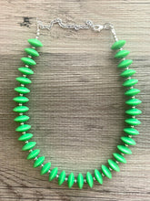 Load image into Gallery viewer, Mod Green Statement Necklace, Single Strand necklace Chunky Jewelry, kelly green jewelry, beaded necklace, green necklace silver beaded