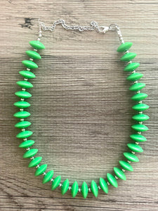 Mod Green Statement Necklace, Single Strand necklace Chunky Jewelry, kelly green jewelry, beaded necklace, green necklace silver beaded