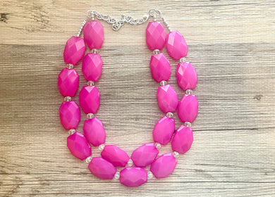 Magenta Jewelry, Dark Pink Double Strand Beaded Statement Necklace, Clear Crystal accents - chunky fuchsia big beaded necklace