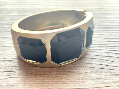 Midnight Navy Blue Statement bracelet, lever gold vintage bracelet, blue gold bronze beaded jewelry, chunky rhinestone jewelry