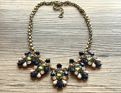 Rhinestone Statement Necklace with major BLING, gold navy blush green chunky necklace, statement jewelry, gemstone necklace, faux diamond