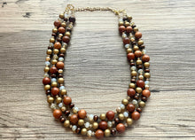 Load image into Gallery viewer, 3 Strand Wood Beaded Necklace, brown Jewelry Chunky statement necklace, big beaded necklace jewelry, natural boho wood earrings