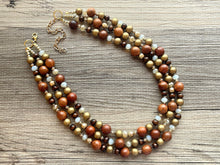 Load image into Gallery viewer, 3 Strand Wood Beaded Necklace, brown Jewelry Chunky statement necklace, big beaded necklace jewelry, natural boho wood earrings