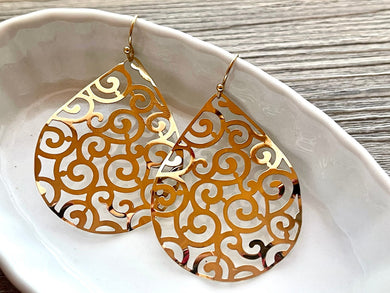 Shiny Filigree Earrings, gold drop Metal Filigree Earrings, filigree jewelry, SHIMMER gold jewelry cutout lace earrings, metal geometric