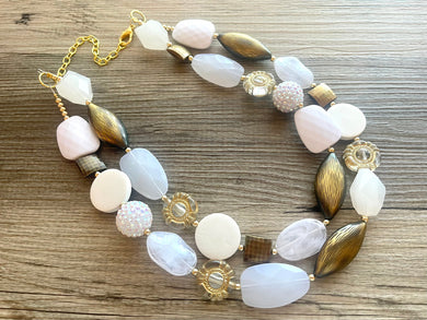 Golden Crown chunky statement necklace, big beaded jewelry, gifts for women bib jewelry Multi-Strand Nugget metallic resin gold white