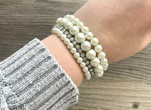 Load image into Gallery viewer, Pearl &amp; Rhinestone Beaded Statement bracelet, Cream stretch bracelet, gold beaded jewelry, Stretchy bracelet Diamond set of 4