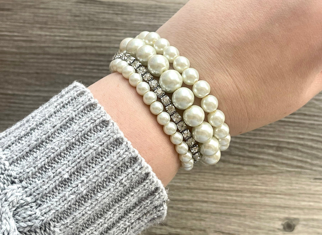 Pearl & Rhinestone Beaded Statement bracelet, Cream stretch bracelet, gold beaded jewelry, Stretchy bracelet Diamond set of 4