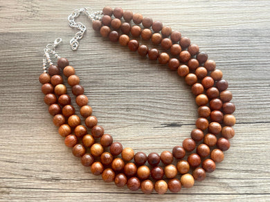3 Strand Wood Beaded Necklace, brown Jewelry Chunky statement necklace, big beaded necklace jewelry, natural smooth wood earrings