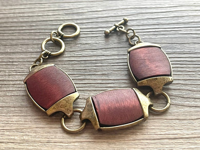 Wood & Gold Statement bracelet, chunky vintage bracelet, mahogany beaded jewelry, chunky gold pendant jewelry