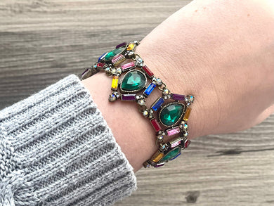 Rhinestone Vintage Statement bracelet, chunky vintage bracelet, rainbow colorful  beaded jewelry, chunky gold pendant jewelry