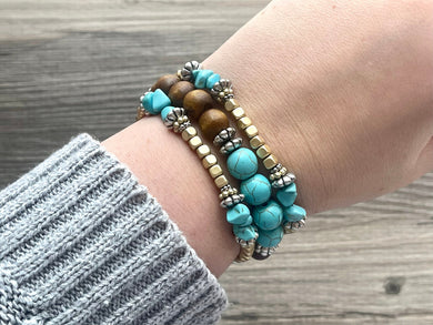 Turquoise & Gold Beaded Statement bracelet, Cream stretch bracelet, gold beaded jewelry, Stretchy bracelet rhinestone wood set of 3