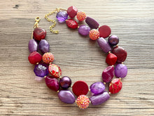 Load image into Gallery viewer, Jazz Club Chunky Statement Necklace Beaded Jewelry, red maroon purple jewelry bridesmaid bib wedding cranberry eggplant double strand