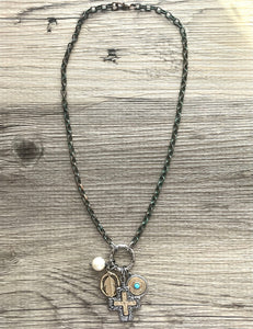 Rhinestone Charm + Statement Necklace, bronze plus sign Pearl chunky necklace jewelry, gemstone necklace, turquoise leaf pendant