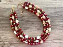 Load image into Gallery viewer, Cranberry Crush Chunky 3 Strand Statement Necklace, fall necklace, maroon jewelry, dark red necklace, red gold tan, red statement