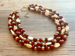 Cranberry Crush Chunky 3 Strand Statement Necklace, fall necklace, maroon jewelry, dark red necklace, red gold tan, red statement