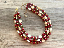 Load image into Gallery viewer, Cranberry Crush Chunky 3 Strand Statement Necklace, fall necklace, maroon jewelry, dark red necklace, red gold tan, red statement