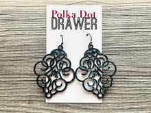 Load image into Gallery viewer, Distressed Antique Filigree Earrings, Black drop Earrings, Metal Filigree Earrings, filigree jewelry, black jewelry cutout lace earrings