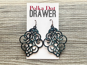 Distressed Antique Filigree Earrings, Black drop Earrings, Metal Filigree Earrings, filigree jewelry, black jewelry cutout lace earrings